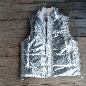 A New Day Metallic Silver Puffer Vest with Sherpa Lining